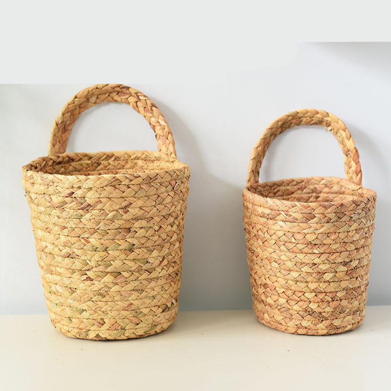 Natural Beige Hanging Storage Basket - Eco-Friendly Woven Straw Organizer