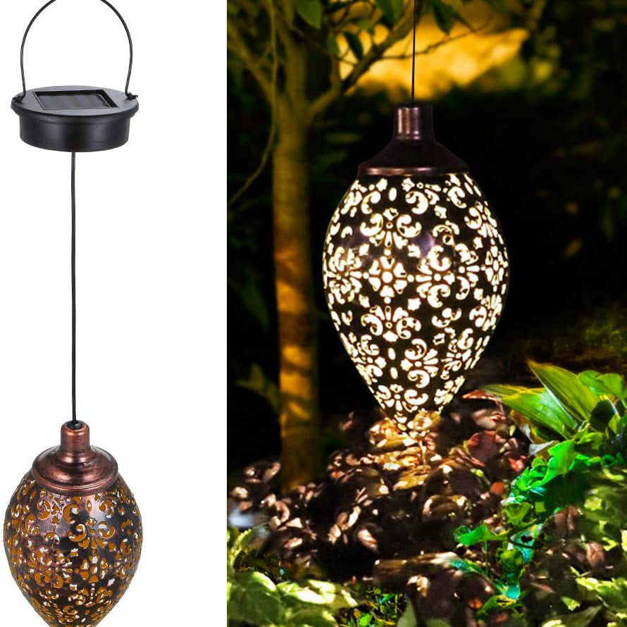 Solar-Powered Bronze Garden Lantern with Intricate Cut-Out Patterns