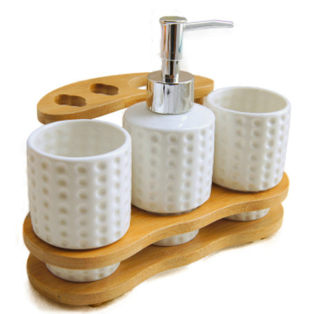Eco-Friendly Bathroom Accessory Set - Ceramic & Bamboo