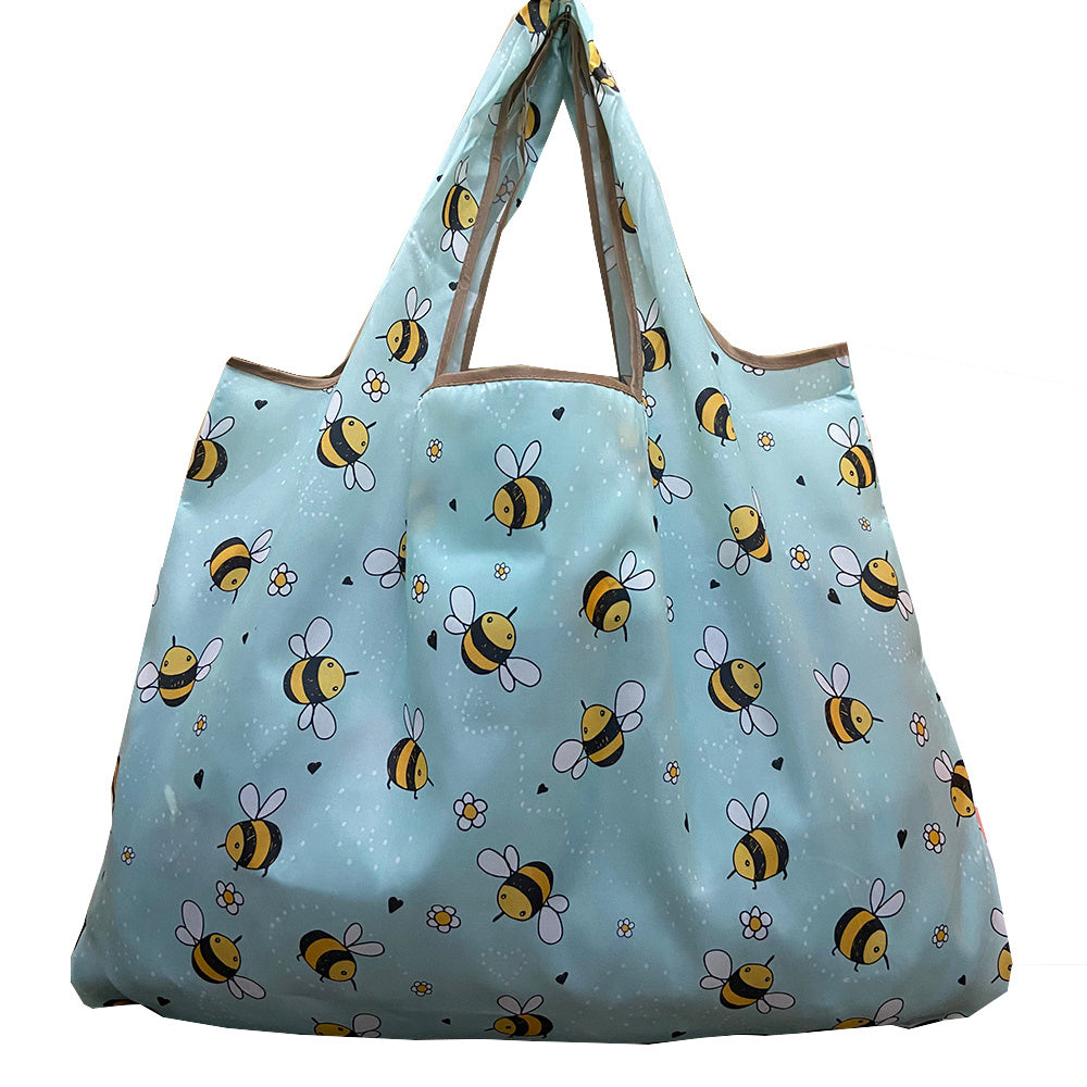 Eco-Friendly Reusable Shopping Bag - Light Blue Bee & Flower Design