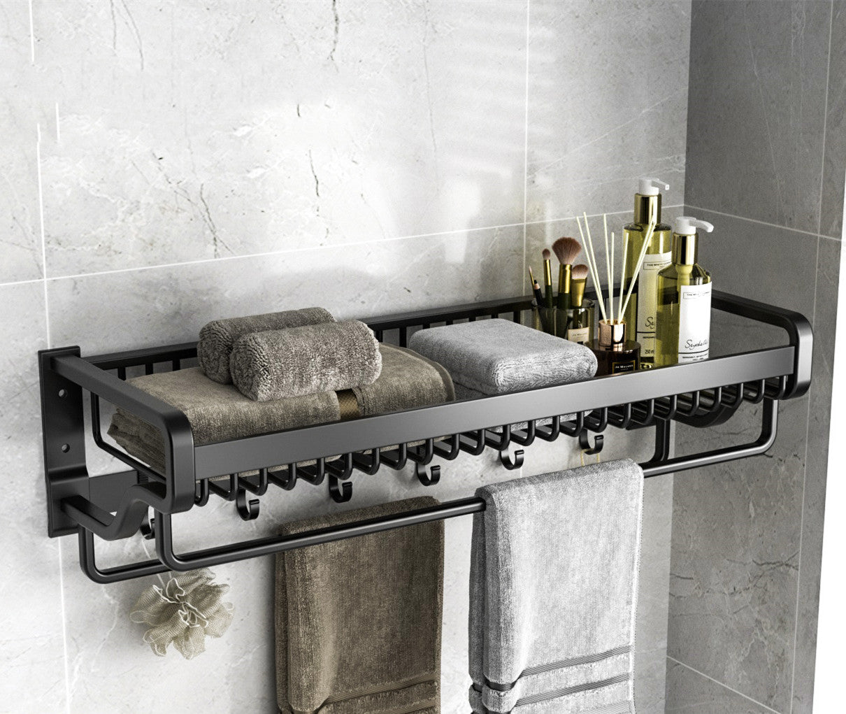 Wall-Mounted Space Aluminum Bathroom Shelf with Hooks (No Drill)