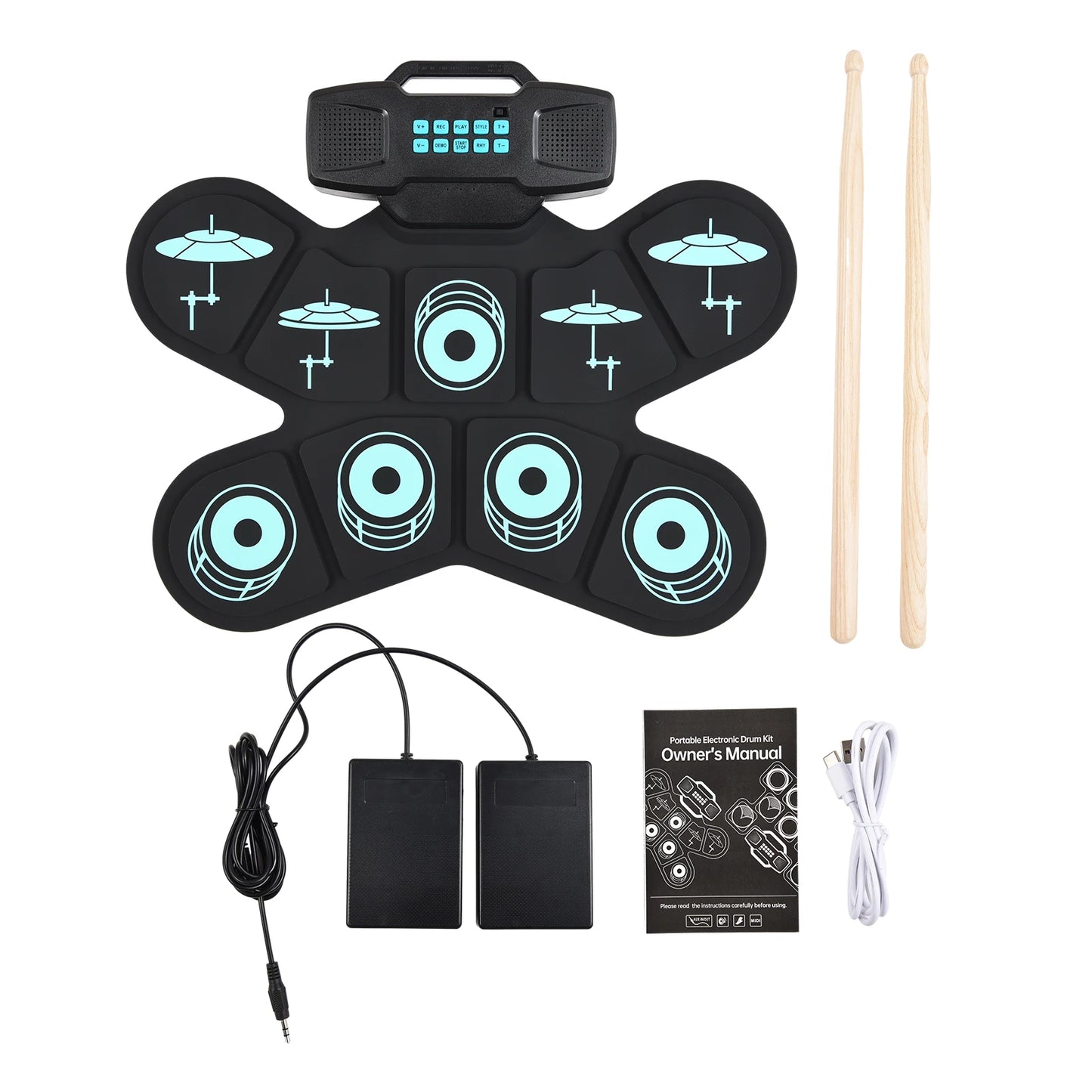 WGS505 Electronic Drum Set 9 Pads Hand Roll Drum with Dual Speaker Rechargeable Practice Drum Kit + Drumsticks + Foot Pedal
