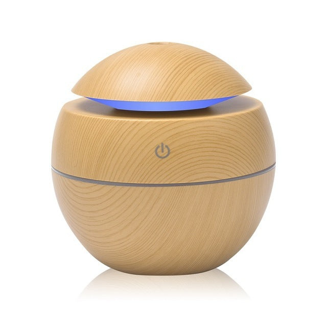 Eco-Friendly Spherical Humidifier with Wood Grain Finish and Blue Light