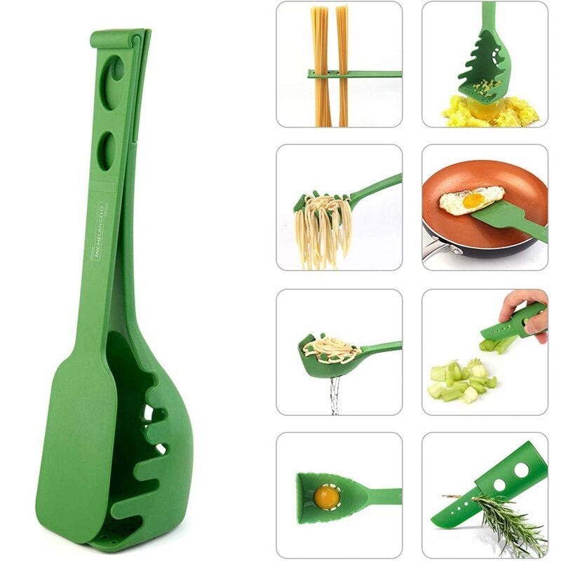 Green Multi-Functional Silicone Kitchen Utensil - Spoon and Tongs Combo