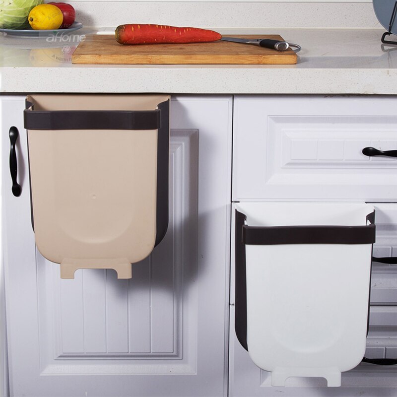 Collapsible Hanging Trash Bin for Kitchen Cabinets in Beige and White