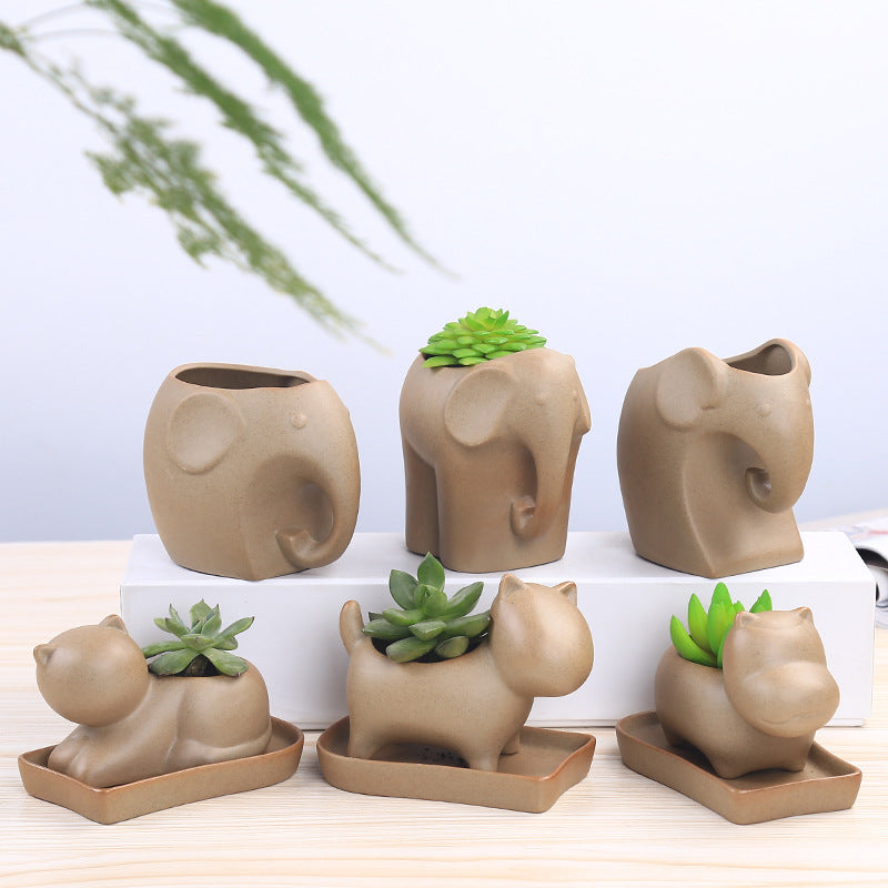 Eco-Friendly Elephant and Cat Succulent Planters in Natural Beige Ceramic