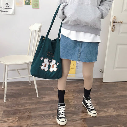 Eco-Friendly Corduroy Tote Bag with Lucky Bears Embroidery