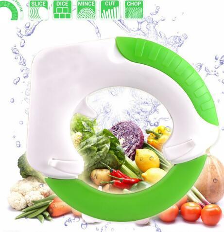 Handheld vegetable slicer in white and green with a circular shape and handle