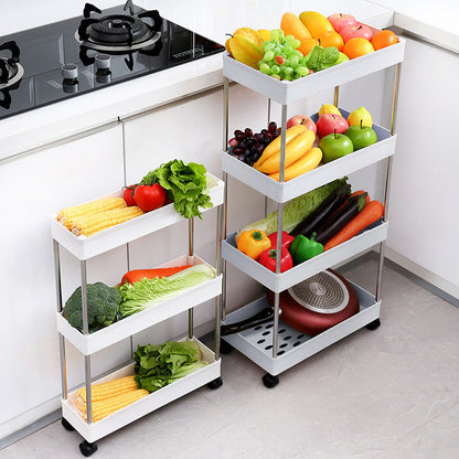 White rolling storage cart with metal frame and plastic shelves