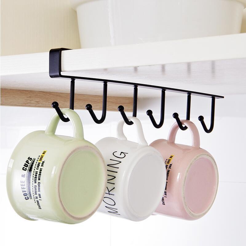 Black metal under-shelf mug holder with hooks for space-saving kitchen organization