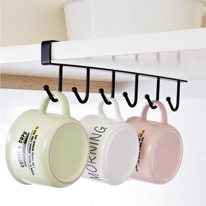 Black metal under-shelf mug holder with hooks for space-saving kitchen organization