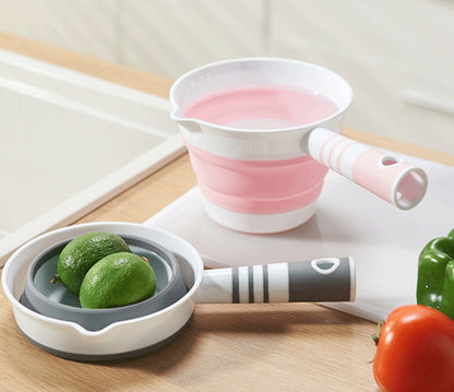 Collapsible silicone kitchenware set in pink and white with gray accents