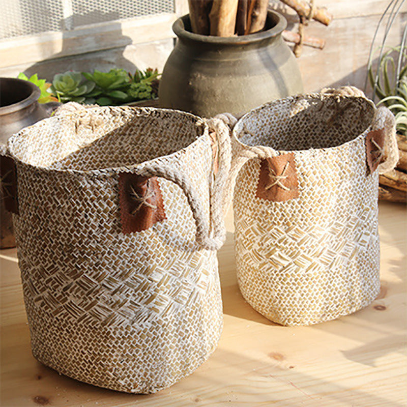 Eco-Friendly Woven Storage Baskets in Natural Beige with Brown Accents