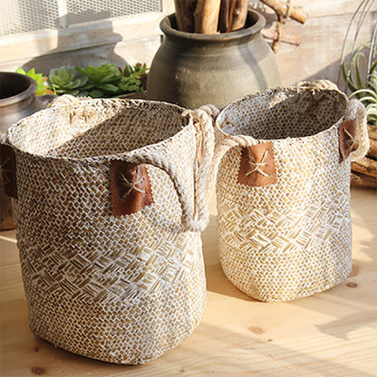 Eco-Friendly Woven Storage Baskets in Natural Beige with Brown Accents