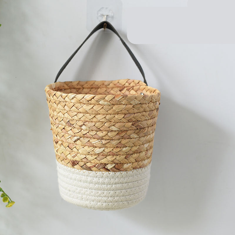 Natural Beige Hanging Storage Basket - Eco-Friendly Woven Straw Organizer