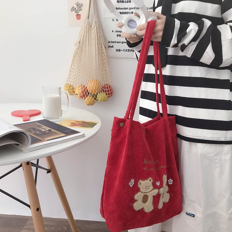 Eco-Friendly Corduroy Tote Bag with Lucky Bears Embroidery