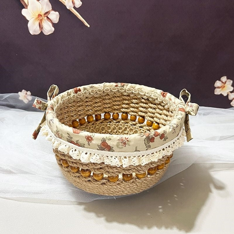 Eco-Friendly Decorative Storage Basket in Natural Beige with Floral Accents