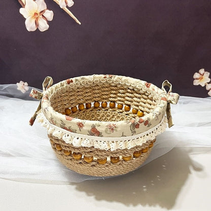 Eco-Friendly Decorative Storage Basket in Natural Beige with Floral Accents