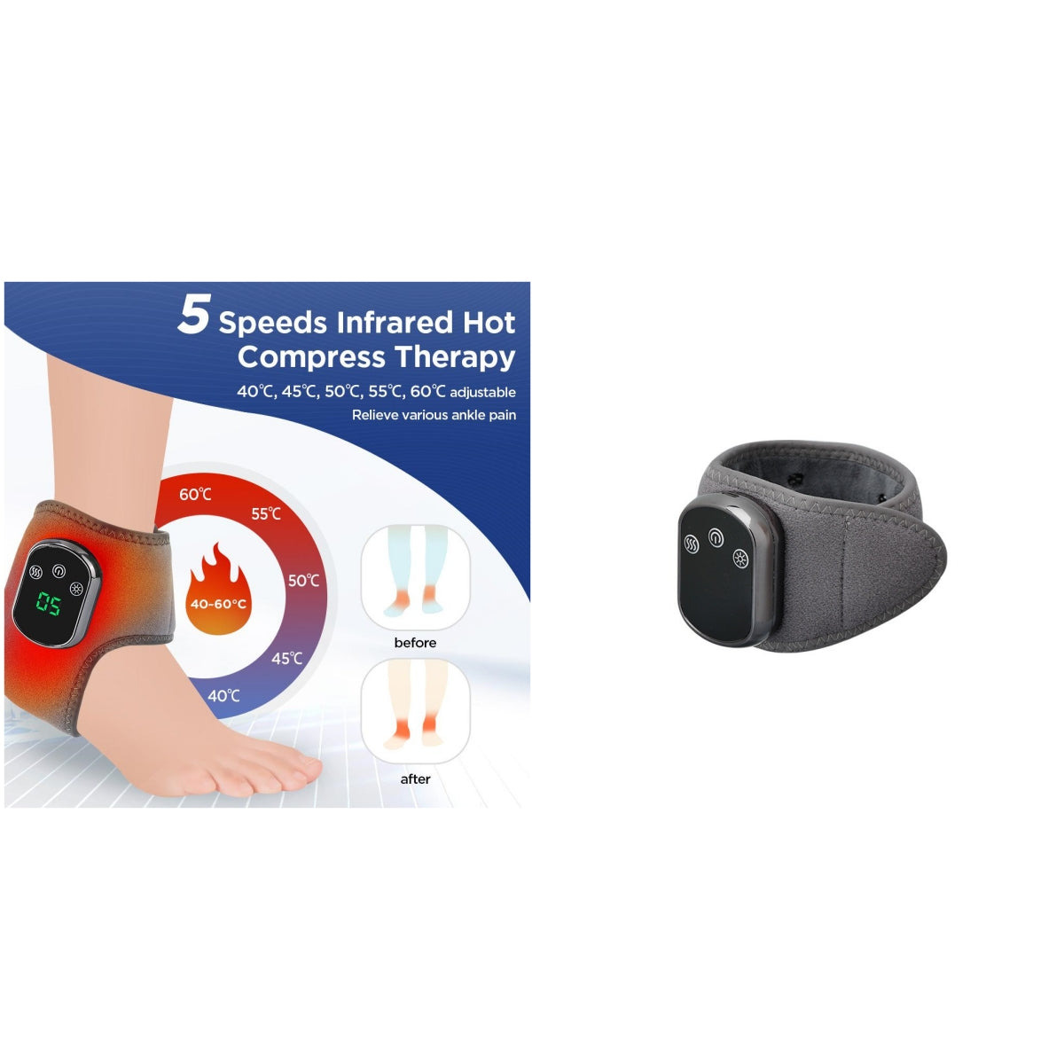 5-Speed Heating & 3-Speed Vibration Ankle Massager – Gray