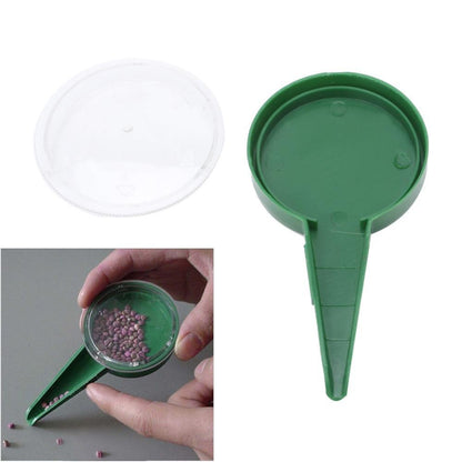 Green circular seed sower with tapered spout for precise gardening