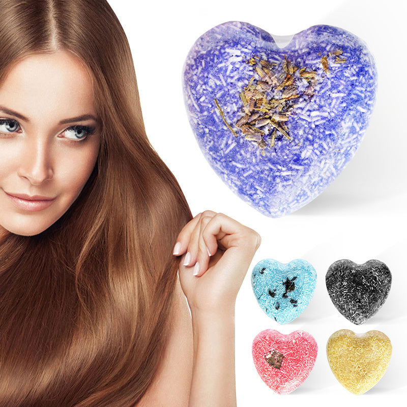 Heart-shaped natural shampoo bars in various colors