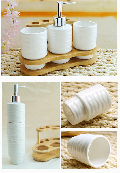 Eco-Friendly Bathroom Accessory Set - Ceramic & Bamboo