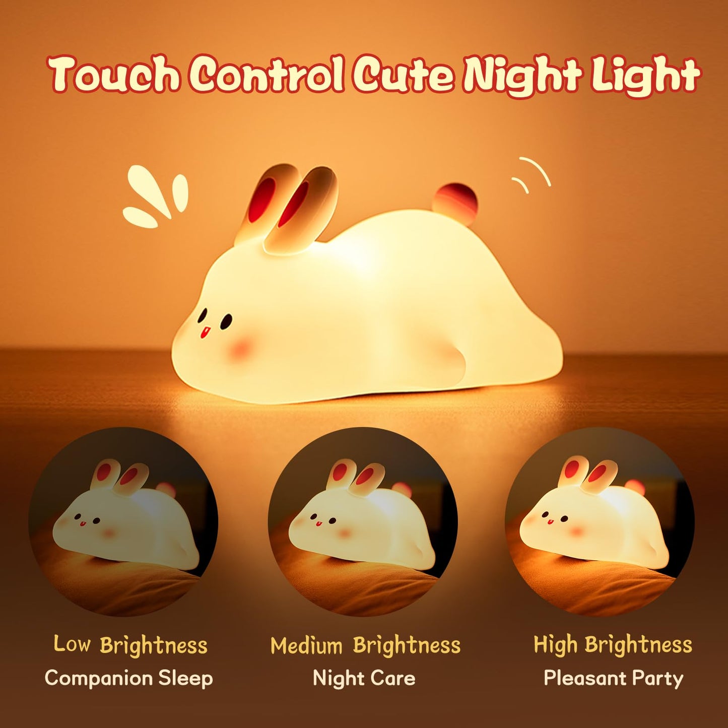 Bunny LED Night Light (5.6 × 4.3 × 3.3 in) – Touch Sensor Silicone Lamp with Timer, Rechargeable Kids Bedside Light