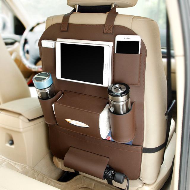 Brown Rectangular Car Seat Organizer with Multiple Pockets