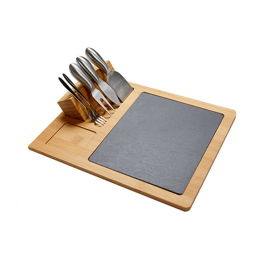 Eco-Friendly Bamboo Cheese Board Set with Slate and Stainless Steel Knives