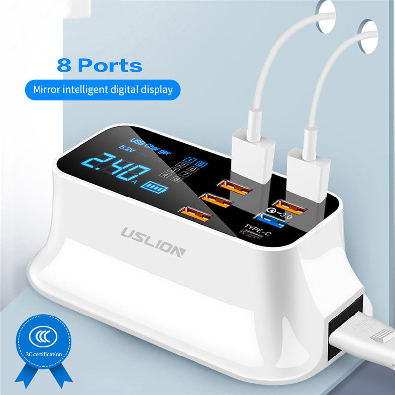 Compact Multi-Port USB Charging Station in White with Black Display