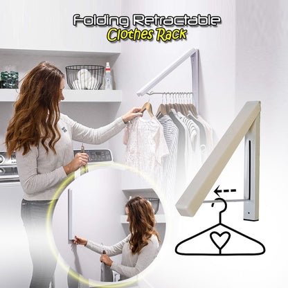 White Folding Retractable Clothes Rack - Wall-Mounted, Space-Saving Design