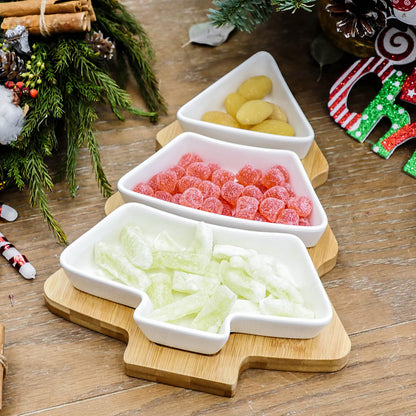 Eco-Friendly Bamboo Christmas Tree Serving Platter with Ceramic Dishes