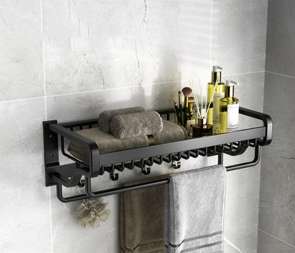 Wall-Mounted Space Aluminum Bathroom Shelf with Hooks (No Drill)