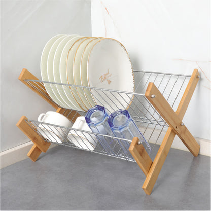 Eco-Friendly Bamboo & Metal Dish Drying Rack - Sustainable Kitchen Organizer