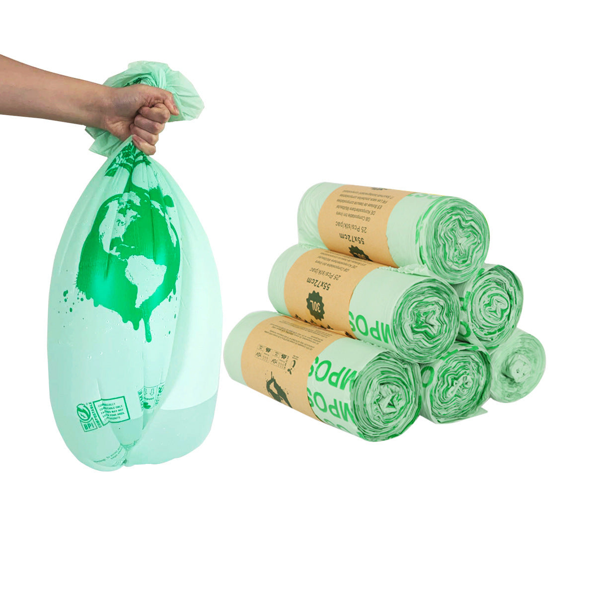 Eco-Friendly Biodegradable Trash Bags in Light Green with Plastic-Free Packaging