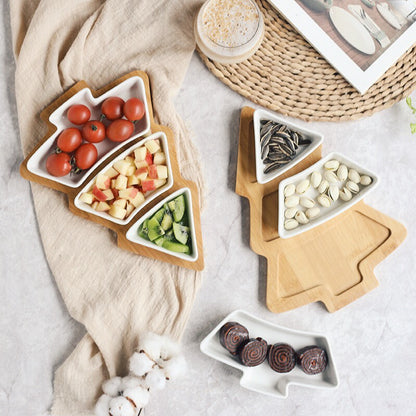 Eco-Friendly Bamboo Christmas Tree Serving Platter with Ceramic Dishes