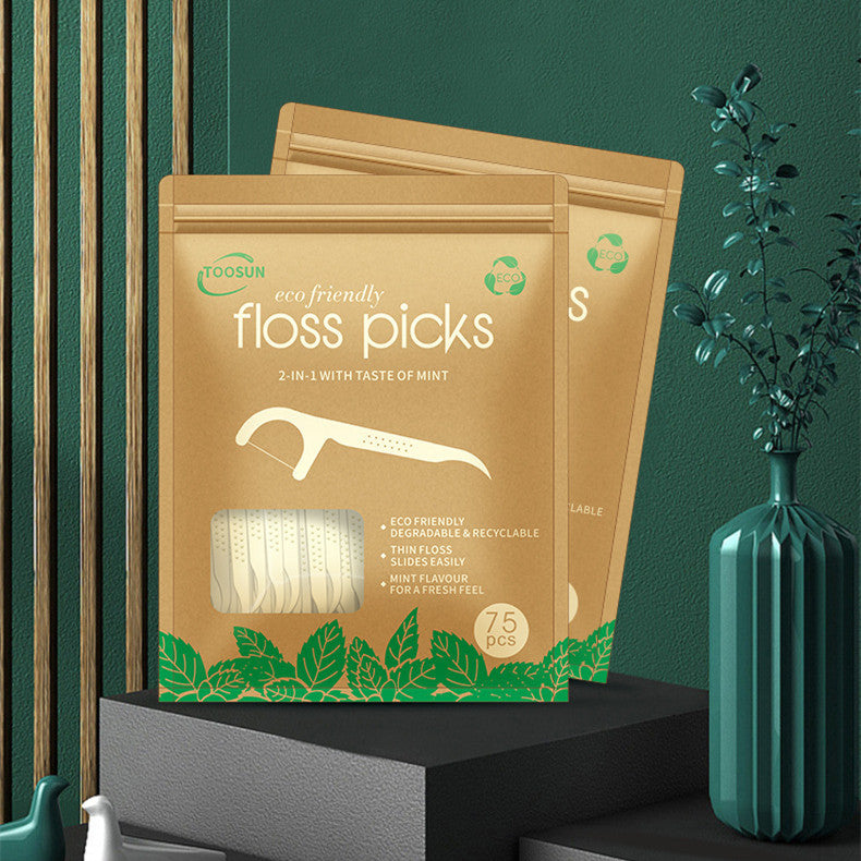 Eco-Friendly Mint Floss Picks in Biodegradable Packaging