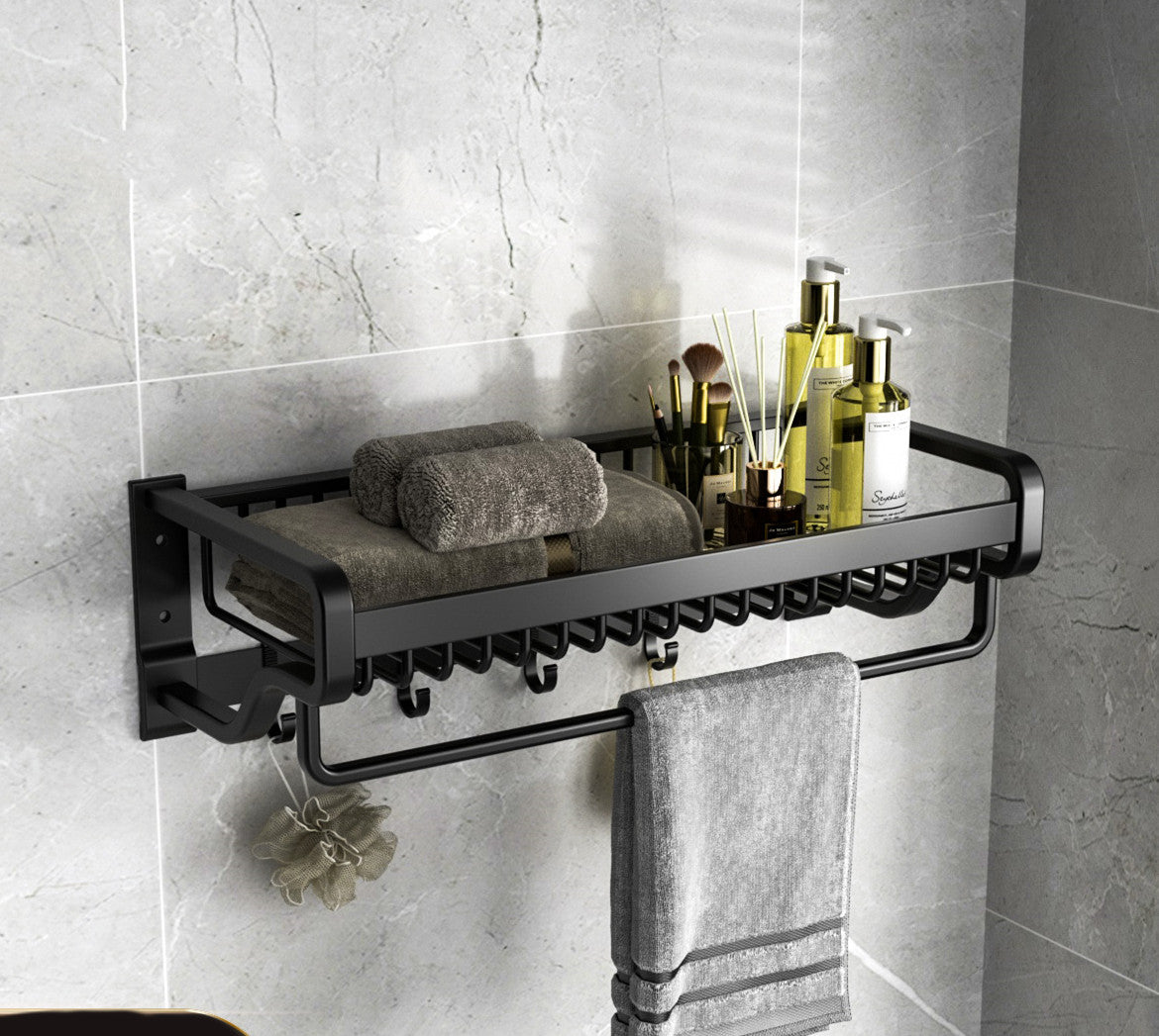 Wall-Mounted Space Aluminum Bathroom Shelf with Hooks (No Drill)
