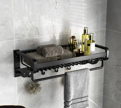 Wall-Mounted Space Aluminum Bathroom Shelf with Hooks (No Drill)