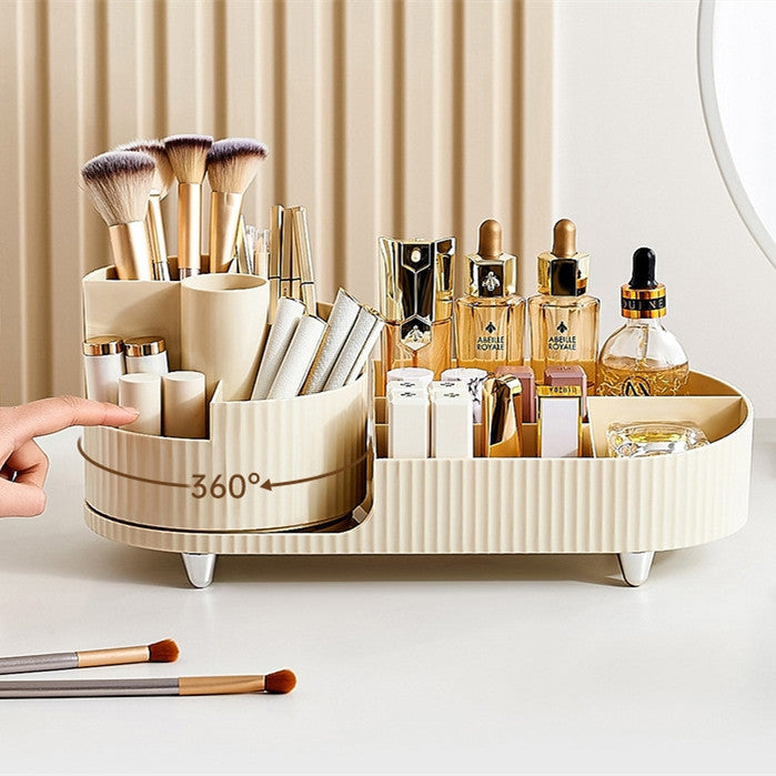 Rotating Beige Cosmetic Organizer on Countertop
