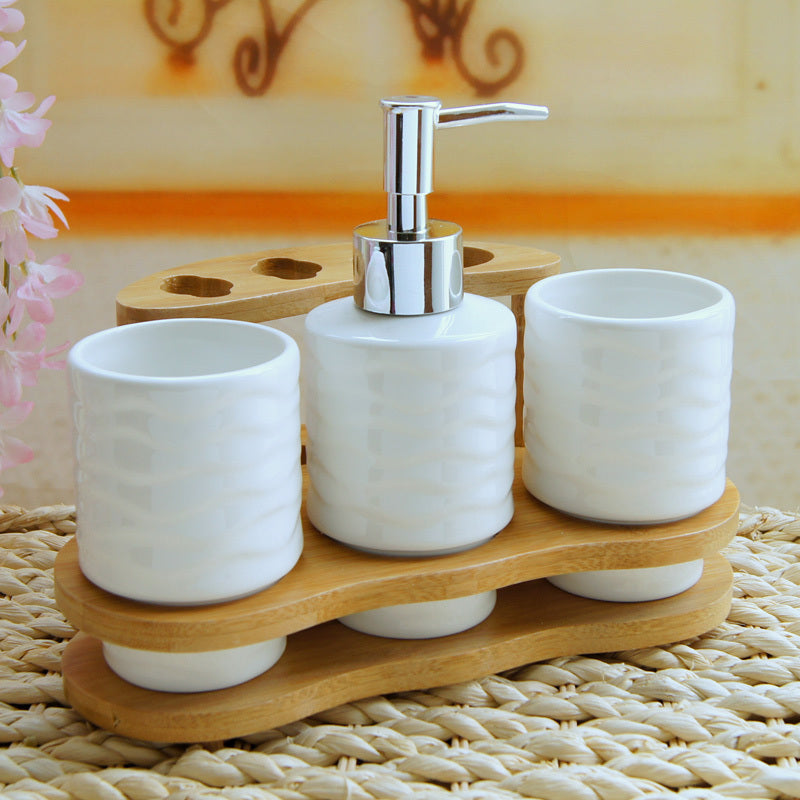 Eco-Friendly Bathroom Accessory Set with Ceramic and Bamboo