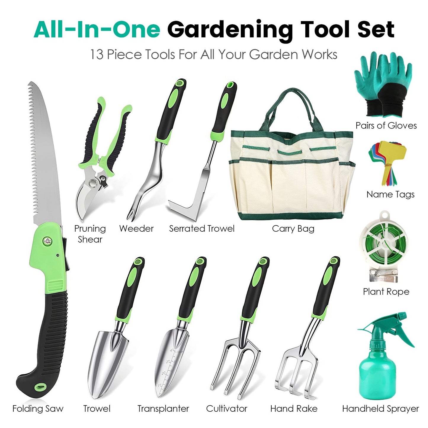 Eco-Friendly Gardening Tool Set with Durable Aluminum Tools and Reusable Bag
