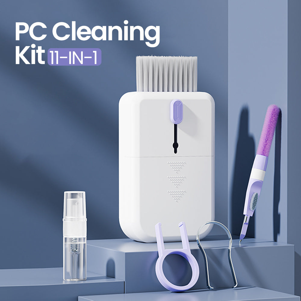 11-in-1 PC Cleaning Kit in white and purple with various attachments