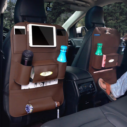 Brown Rectangular Car Seat Organizer with Multiple Pockets
