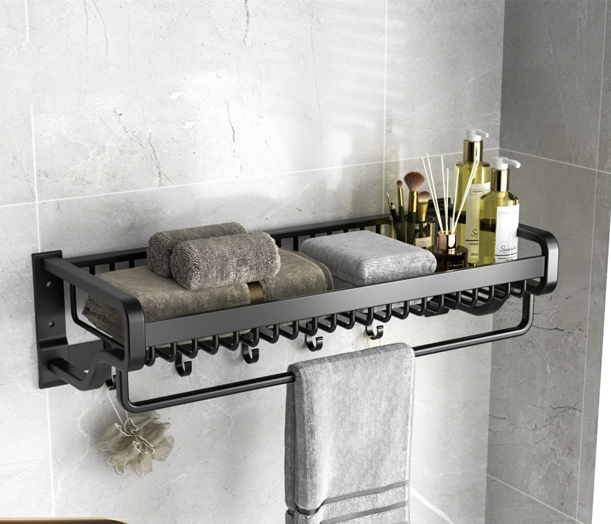 Wall-Mounted Space Aluminum Bathroom Shelf with Hooks (No Drill)
