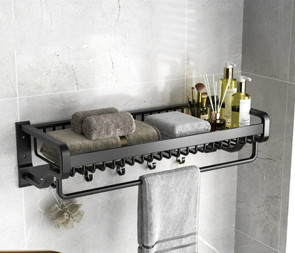 Wall-Mounted Space Aluminum Bathroom Shelf with Hooks (No Drill)