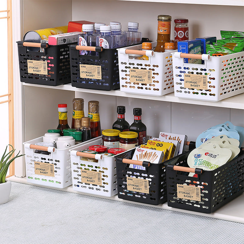 Black and white rectangular storage baskets with wooden handles