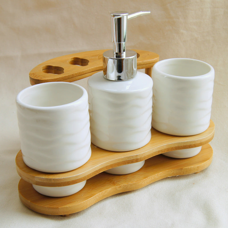 Eco-Friendly Bathroom Accessory Set - Ceramic & Bamboo