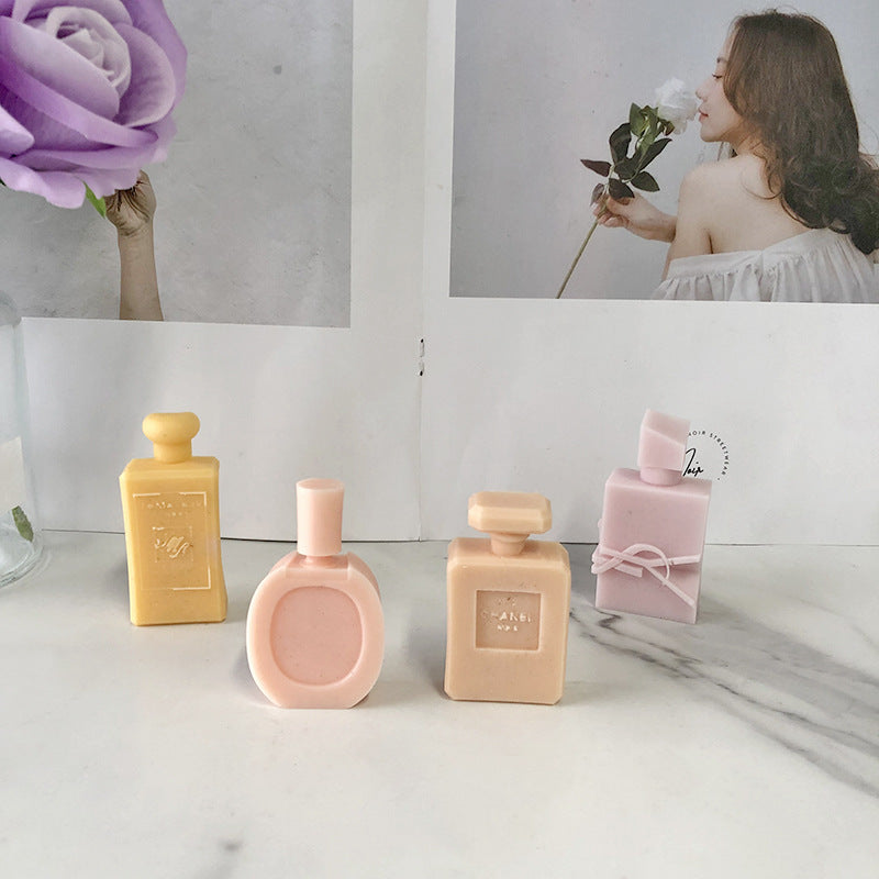 Perfume Bottle Shaped Decorative Candles in Yellow, Pink, and Beige