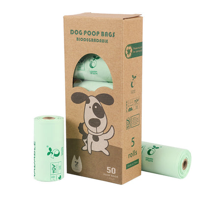 Light green biodegradable dog poop bags in plastic-free packaging